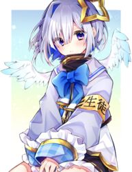  absurdres amane_kanata amane_kanata_(1st_costume) angel angel_wings armband asymmetrical_bangs asymmetrical_hair blue_hair blush bob_cut colored_inner_hair commentary eringikinono feathered_wings female grey_hair hair_between_eyes hair_ornament hair_over_one_eye halo highres hololive looking_at_viewer multicolored_hair purple_eyes school_uniform short_hair single_hair_intake solo star_halo two-tone_hair virtual_youtuber wings 