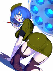  all_fours ass bandages blue_hair breasts commentary_request dress enkyo_yuuichirou eyepatch female fingernails from_behind garter_belt green_dress green_hat hat highres hisho_collection large_breasts long_fingernails looking_at_viewer looking_back nail_polish nurse nurse_cap open_mouth original pointy_ears purple_thighhighs red_eyes simple_background smile solo syringe thighhighs tongue tongue_out torn_clothes torn_thighhighs white_background 