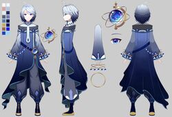  androgynous bad_id bad_twitter_id blue_eyes blue_hair cloak commentary_request earrings female full_body highres jewelry kelinch1 long_sleeves looking_at_viewer magic maha5 maha5japan minatoe_yomina necklace official_art orb outstretched_hand pale_skin reference_sheet virtual_youtuber water 