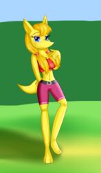  2017 anthro banjo-kazooie big_breasts bottomwear breasts cleavage clothed clothing fan_character female grass hi_res jinjo justina_jinjo kendratheshinyeevee mammal navel plant rareware shorts solo yellow_body yellow_skin 