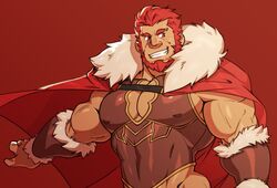  1boy armor bara beard biceps breastplate cape cheschirebacon clothing_cutout covered_nipples facial_hair fate/grand_order fate_(series) front_slit fur_collar iskandar_(fate) large_pectorals leather looking_to_the_side male_focus mature_male muscular muscular_male nipples pectoral_cleavage pectorals red_eyes red_hair short_hair simple_background smile solo teeth upper_body veins 