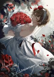  anniversary bare_shoulders blurry blurry_background bouquet breasts brown_hair character_name cleavage closed_eyes commentary dress dutch_angle falling_petals female flower from_above from_behind hairband highres holding holding_bouquet lace-trimmed_dress lace_collar lace_trim lips medium_breasts meiko petals red_flower red_rose rose short_hair smile solo upper_body vocaloid white_dress yamiluna39 