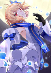  archetype_earth arcueid_brunestud bare_shoulders black_gloves blonde_hair blue_skirt blush breasts cleavage detached_sleeves dress fate/grand_order fate_(series) female flower full_moon gloves hair_flower hair_ornament highres large_breasts long_skirt looking_at_viewer moon multicolored_clothes multicolored_skirt night night_sky red_eyes ryofuhiko short_hair skirt sky smile solo tsukihime white_dress white_skirt 