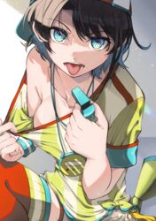  absurdres aqua_eyes backwards_hat baseball_cap black_hair breasts cleavage clothes_pull collarbone female hat highres holding holding_whistle hololive looking_at_viewer no_bra off-shoulder_shirt off_shoulder oozora_subaru oozora_subaru_(1st_costume) saico_isshin shadow shirt shirt_pull short_hair shorts simple_background sitting solo stopwatch tongue tongue_out virtual_youtuber whistle whistle_around_neck 