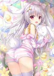  :d ameto_yuki animal animal_ears blanc_(ameto_yuki) bow commentary_request crescent crescent_hair_ornament easter easter_egg egg female floppy_ears flower from_behind grey_hair hair_between_eyes hair_ornament hairband hairbow heart holding holding_animal jacket long_hair long_sleeves looking_at_viewer looking_back loungewear off_shoulder original pennant petals pink_flower pink_hairband rabbit rabbit_ears rabbit_girl rabbit_tail red_eyes short_shorts shorts sleeves_past_wrists smile solo string_of_flags striped_bow striped_clothes striped_jacket striped_shorts tail thighhighs twitter_username very_long_hair white_flower white_thighhighs wooden_wall yellow_flower 