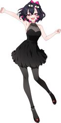  black_dress black_hair black_pantyhose bow clenched_hands collarbone colored_inner_hair dress female full_body halter_dress halterneck head_tilt highres ko_yami korean_commentary looking_at_viewer multicolored_hair naru_(_nanyao3o) nijisanji nijisanji_kr pantyhose red_bow red_eyes red_footwear second-party_source short_hair smile solo virtual_youtuber white_background 