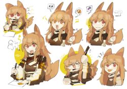  &gt;_&lt; ... :| ? @_@ animal_ears arknights brown_jacket ceobe_(arknights) closed_mouth commentary dog_ears dog_tail drooling eating english_text eyes_visible_through_hair female hand_up hands_up holding holding_pen jacket long_sleeves looking_at_viewer multiple_views odmised open_mouth orange_hair paper pen pointing pointing_at_self red_eyes simple_background sparkling_eyes speech_bubble spoken_clothes spoken_food spoken_question_mark sweatdrop tail white_background writing 