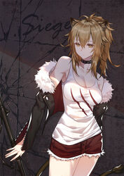  animal_ear_fluff animal_ears arknights bare_shoulders black_choker black_jacket breasts brown_eyes brown_hair character_name choker cleavage collarbone commentary cowboy_shot crack cracked_wall cutoffs female fur-trimmed_jacket fur_trim hair_between_eyes highres jacket lion_ears lion_tail long_hair long_sleeves medium_breasts off_shoulder open_clothes open_jacket ponytail red_shorts short_shorts shorts sidelocks siege_(arknights) solo standing tail tank_top thighs white_tank_top xion32 