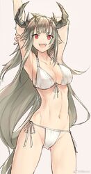  :d arknights arm_behind_head arm_up armpits bikini breasts collarbone cowboy_shot fangs female groin hair_between_eyes horns kisetsu light_green_hair linea_alba long_hair looking_at_viewer matoimaru_(arknights) medium_breasts navel open_mouth outstretched_arm pointy_ears red_eyes simple_background smile solo standing stomach swimsuit teeth thick_eyebrows very_long_hair white_background white_bikini 