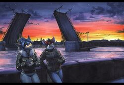  2023 anthro biped black_body black_fur black_hair blue_eyes blue_hair bridge canid canine clothed clothing detailed_background drawbridge duo ewgengster_(artist) female fish fox fully_clothed fur hair hi_res male mammal marine mutlicolored_hair outside red_eyes red_hair river saryn_(srinon) shark sky sunset tales_foxdale_(character) tan_body traditional_media_(artwork) white_body white_fur 