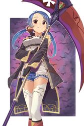  ahoge belt bird black_belt black_cape black_gloves blue_hair border breasts brown_eyes buttons cape chest_belt closed_mouth coat denim denim_shorts detached_sleeves dot_nose female fingerless_gloves forehead gloves gold_trim highres holding holding_weapon izumi_(ko8) light_smile long_hair long_sleeves looking_at_viewer original outline pointy_ears purple_background scythe shirt short_shorts shorts small_breasts solo standing thighhighs twintails weapon white_border white_outline white_shirt white_thighhighs 