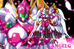  absurdres angelg assault_visor breasts character_name energy_sword highres holding holding_sword holding_weapon large_breasts looking_at_viewer mecha mechanical_skirt mechanical_wings meganeon multiple_views no_humans robot shield standing super_robot_wars super_robot_wars_original_generation sword weapon wings 