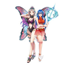  2girls absurdres bare_shoulders belt bikini bikini_skirt blue_eyes blue_hair blush bracelet breasts caeda_(fire_emblem) caeda_(summer)_(fire_emblem) casual_one-piece_swimsuit cleavage closed_mouth clothing_cutout commentary_request facial_mark fairy_wings fire_emblem fire_emblem:_mystery_of_the_emblem fire_emblem_heroes forehead_mark full_body grey_hair hair_ornament hand_up high_heels highres holding jewelry large_breasts leg_up long_hair looking_at_viewer medium_breasts multiple_girls navel navel_cutout official_art one-piece_swimsuit open_mouth plumeria_(fire_emblem) plumeria_(summer)_(fire_emblem) ponytail ryouma_(galley) sandals see-through simple_background smile standing stomach swimsuit thigh_strap thorns tied_hair toes white_background wings 