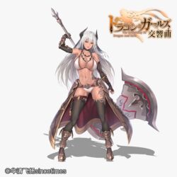  abs armor axe bikini bikini_armor black_gloves black_thighhighs boots breasts elbow_gloves female fingerless_gloves full_body gloves grey_hair hannibal_(dragirls) highres holding holding_axe holding_weapon horns jewelry large_breasts limeblock long_hair looking_at_viewer navel official_art orange_eyes pendant smile solo swimsuit the_symphony_of_dragon_and_girls thighhighs very_long_hair warrior weapon 