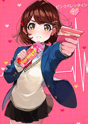  :&lt; black_skirt blazer blue_jacket blush brown_eyes brown_hair brown_sweater buttoned_cuffs buttons candy cardiogram chocolate chocolate_bar closed_mouth collared_shirt commentary_request copyright_name diagonal-striped_clothes diagonal-striped_necktie female food ghana_(chocolate) hair_ornament hairclip heart highres holding holding_food incoming_gift jacket long_sleeves looking_at_viewer lotte_(company) necktie official_art open_clothes open_jacket original outstretched_arm pink_background pink_valentine pleated_skirt product_placement red_necktie shirt single_hair_intake skirt sleeves_past_wrists solo striped_clothes striped_necktie sweater translated valentine white_shirt yuu_(higashi_no_penguin) 