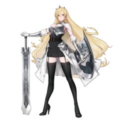  absurdres blonde_hair breasts cleavage dress female full_body garter_straps gorgeous_mushroom high_heels highres holding holding_shield holding_sword holding_weapon illusion_connect large_breasts long_hair official_art parted_lips shield simple_background solo standing sword thighhighs third-party_source transparent_background victoria_(illusion_connect) weapon yellow_eyes 