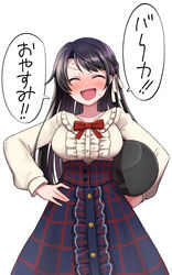  :d ^_^ black_hair blue_skirt blush bow bowtie braid breasts center_frills closed_eyes collarbone commentary_request female french_braid frilled_shirt frilled_shirt_collar frills hair_ornament hair_ribbon hairclip hand_on_own_hip high-waist_skirt highres holding hololive konboi-eg long_hair medium_breasts meme_attire official_alternate_costume official_alternate_hair_length official_alternate_hairstyle oozora_subaru oozora_subaru_(casual) open_mouth plaid plaid_skirt red_bow red_bowtie red_ribbon ribbon shirt simple_background skirt smile solo speech_bubble swept_bangs translated virgin_killer_outfit virtual_youtuber white_background white_ribbon 