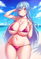  :p ahoge beach between_breasts bikini blue_hair blue_sky blush breasts cowboy_shot curvy day female food hair_ornament hairclip halterneck highres huge_breasts long_hair looking_at_viewer mole mole_under_eye navel original outdoors photoshop_(medium) plump popsicle red_bikini red_eyes skindentation sky smile solo sweat swimsuit tongue tongue_out tsukumiya_amane two_side_up very_long_hair 