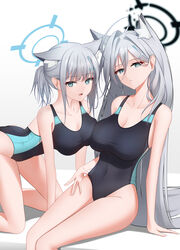  absurdres animal_ear_fluff animal_ears asymmetrical_docking bad_id bad_pixiv_id black_halo black_one-piece_swimsuit blue_archive blue_eyes blue_halo breast_press breasts broken_halo cleavage competition_swimsuit covered_navel cross cross_hair_ornament dark_halo diamond-shaped_pupils diamond_(shape) epitaph_(ryaf8834) extra_ears female grey_hair hair_between_eyes hair_ornament halo highleg highleg_swimsuit highres inverted_cross large_breasts long_hair looking_at_viewer low_ponytail medium_hair mismatched_pupils multicolored_clothes multicolored_swimsuit official_alternate_costume one-piece_swimsuit shiroko_(blue_archive) shiroko_(swimsuit)_(blue_archive) shiroko_terror_(blue_archive) swimsuit symbol-shaped_pupils two-tone_swimsuit wolf_ears wolf_girl 