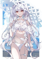  absurdres ahoge bare_shoulders bikini breasts cleavage fate/grand_order fate_(series) female frilled_bikini frills highres lady_avalon_(fate) lady_avalon_(second_ascension)_(fate) long_hair looking_at_viewer medium_breasts merlin_(fate/prototype) navel parasol purple_eyes smile solo swimsuit thighs umbrella very_long_hair white_bikini white_hair yui_(linaw-key08) 