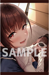  aoi_tiduru black_legwear blurry blurry_background brown_hair coffee_mug cup english_text female hands_on_lap head_tilt holding holding_cup long_hair looking_at_viewer mug open_mouth original red_eyes shirt sitting sitting_on_person steam teeth white_shirt 