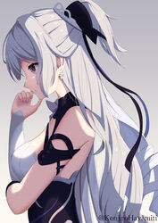  arm_under_breasts artist_name black_dress breasts bronya_zaychik bronya_zaychik_(silverwing:_n-ex) closed_mouth dress drill_hair earrings female grey_background grey_eyes grey_hair hand_on_own_chin highres honkai_(series) honkai_impact_3rd jewelry kenjirohayamiti large_breasts long_hair single_sleeve solo upper_body very_long_hair white_sleeves 