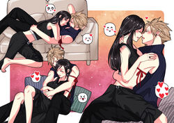  1boy apron arm_ribbon babigonice barefoot black_hair black_shorts blonde_hair blue_eyes blush cloud_strife couch couple crop_top earrings feet female final_fantasy final_fantasy_vii final_fantasy_vii_advent_children heart high_collar hug hug_from_behind jewelry long_hair looking_at_another lying on_back red_eyes ribbon ring shorts sitting sitting_on_lap sitting_on_person sleeveless speech_bubble spiked_hair straight tifa_lockhart waist_apron 