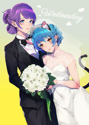  2girls animal_ears black_bow black_bowtie black_suit blue_eyes blue_hair bouquet bow bowtie bride cat_ears cat_tail collarbone commentary_request dress extra_ears flower formal gradient_background groom highres kaguya_madoka lips looking_at_viewer multiple_girls orange_eyes pointy_ears precure purple_hair rose short_hair smile star_twinkle_precure sugarbeat suit tail wedding_dress white_flower white_rose wife_and_wife yellow_background yuni_(precure) yuri 