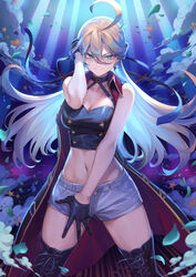  ahoge aqua_eyes bare_shoulders black_gloves blonde_hair boots breasts cleavage closed_mouth cloud coat commentary_request cross-laced_footwear earrings female gloves halterneck hand_up highres jewelry kamina_kohane lace-up_boots long_hair looking_at_viewer mashuu_(neko_no_oyashiro) medium_breasts midriff navel palette_project petals shiny_clothes shorts simple_background sleeveless sleeveless_coat smile stomach thigh_boots thighhighs virtual_youtuber 