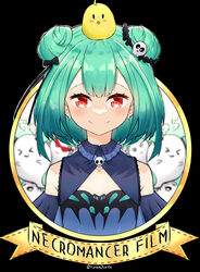  absurdres admiralkukichi bare_shoulders double_bun earrings female green_hair hair_bun hair_ornament highres hololive jewelry md5_mismatch red_eyes resolution_mismatch short_hair skull_earrings skull_hair_ornament solo source_smaller uruha_rushia uruha_rushia_(1st_costume) virtual_youtuber 