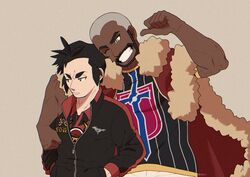  2boys aged_down arm_around_shoulder batabiru beard black_eyes black_hair bright_pupils cape champion_uniform closed_mouth collared_shirt commentary_request dark-skinned_male dark_skin facial_hair fur-trimmed_cape fur_trim green_eyes grin hand_up hands_in_pockets highres jacket kabu_(pokemon) long_sleeves male_focus multiple_boys peony_(pokemon) pokemon pokemon_swsh red_cape red_shirt shirt short_hair shorts smile teeth white_pupils white_shorts zipper zipper_pull_tab 