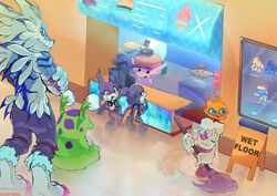  absurd_res anthro bandai_namco burger burgermon candlemon cash_register cashier cleaning_tool detailed_background digimon digimon_(species) feral food group hi_res mop mopping nuclearsmash numemon weregarurumon 