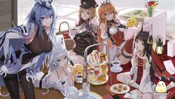  5girls animal_ears avrora_(azur_lane) azur_lane bare_shoulders bismarck_(azur_lane) bismarck_(coat_of_arms) black_cape black_gloves black_hair black_headwear black_jacket black_skirt blonde_hair blue_eyes blue_hair bodystocking braid breasts burger buri_(retty9349) buttons cake cake_slice cape cleavage coffee cookie cream_puff cup detached_sleeves double-breasted drawer dress drinking_glass eating elbow_gloves envelope flower food fruit_basket fruit_sandwich fur-trimmed_cape fur_hat fur_trim gloves green_eyes hair_between_eyes hand_on_own_chest hand_on_own_thigh hat headgear highres holding holding_cup holding_food indoors jacket jacket_on_shoulders juliet_sleeves lantern large_breasts leaning_forward long_hair long_sleeves looking_at_viewer lying macaron manjuu_(azur_lane) medal medium_breasts miniskirt multiple_girls nagato_(azur_lane) new_jersey_(azur_lane) official_art on_stomach open_clothes open_jacket orange_hair pastry peaked_cap pink_flower puffy_sleeves purple_eyes red_dress red_flower red_thighhighs richelieu_(azur_lane) sandwich saucer scone sitting skirt socks standing strapless strapless_dress strawberry_shortcake striped striped_sleeves taut_clothes tea_party teacup teapot thigh_strap thighhighs tiered_tray two-tone_dress vase vertical-striped_sleeves vertical_stripes very_long_hair white_dress white_gloves white_hair white_headwear white_jacket white_socks wide_sleeves yellow_flower 