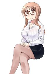  black_skirt blush breasts brown_eyes cleavage closed_mouth collared_shirt commentary_request crossed_legs female glasses invisible_chair katatsuka_kouji large_breasts light_brown_hair long_hair looking_at_viewer matsumoto_yoriko pantyhose pencil_skirt shirt simple_background sitting skirt smile solo striped_clothes striped_shirt teacher vertical-striped_clothes vertical-striped_shirt white_background white_shirt yuyushiki 