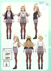  ahoge ankle_boots black_footwear black_jacket blonde_hair boots breasts closed_mouth collarbone commentary_request concept_art earrings female full_body gradient_background high-waist_shorts highres jacket jewelry kamina_kohane long_hair long_sleeves looking_at_viewer mashuu_(neko_no_oyashiro) multiple_views open_clothes open_jacket palette_project pantyhose short_sleeves shorts simple_background tied_hair turnaround virtual_youtuber 