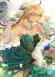  ahoge aqua_eyes bare_shoulders blonde_hair bouquet breasts cleavage closed_mouth commentary_request detached_collar dress elbow_gloves female floral_print flower gloves gold_trim green_dress hair_ornament hands_up highres kamina_kohane long_hair looking_at_viewer mashuu_(neko_no_oyashiro) medium_breasts palette_project petals simple_background smile strapless strapless_dress veil virtual_youtuber white_gloves 