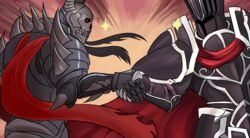  2boys armor black_knight_(fire_emblem) breastplate cape commentary death_knight_(fire_emblem) english_commentary fire_emblem fire_emblem:_path_of_radiance fire_emblem:_three_houses fullmetal_alchemist handshake helmet male_focus multiple_boys parody pauldrons red_cape shoulder_armor upper_body will_(willanator93) 