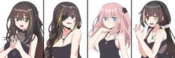  4girls absurdres anti-rain_(girls&#039;_frontline) bare_shoulders black_dress black_hair blue_eyes braid breasts brown_eyes brown_hair cartridge cleavage dress expressionless eyepatch girls&#039;_frontline green_hair grey_eyes hair_between_eyes hair_ornament hair_scrunchie happy heterochromia highres jewelry jjuwaap korean_commentary large_breasts long_hair looking_at_viewer m16a1_(girls&#039;_frontline) m4a1_(girls&#039;_frontline) medium_breasts mole mole_under_eye multicolored_hair multiple_girls necklace official_alternate_costume open_mouth own_hands_together pink_hair red_eyes ro635_(girls&#039;_frontline) scar scar_across_eye scar_on_face scrunchie single_braid smile st_ar-15_(girls&#039;_frontline) steepled_fingers strapless strapless_dress streaked_hair twintails white_background white_hair yellow_eyes 