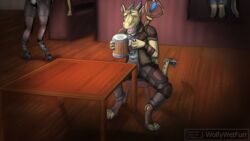  16:9 3_fingers anthro armor buckle claws clothing fingers furniture hi_res jacket karo kobold leather male open_mouth sitting straps table tavern teeth tongue topwear widescreen wolfywetfurr_(artist) wood 