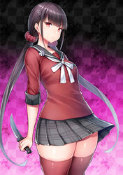  black_hair black_thighhighs breasts closed_mouth cowboy_shot danganronpa_(series) danganronpa_v3:_killing_harmony ear_piercing female hair_ornament hair_scrunchie hairpin harukawa_maki highres holding holding_weapon knife long_hair looking_at_viewer low_twintails miniskirt mole mole_under_eye piercing pleated_skirt red_eyes school_uniform scrunchie skindentation skirt small_breasts solo thick_thighs thighhighs thighs tsukumiya_amane twintails very_long_hair weapon wide_hips 