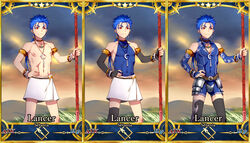  1boy age_regression aged_down armor asymmetrical_legwear bare_shoulders beads belt blue_hair bracelet bridal_gauntlets card codpiece cowboy_shot crescent crescent_necklace cu_chulainn_(fate) cu_chulainn_(fate/stay_night) earrings eilinna elbow_gloves fate/stay_night fate_(series) faulds gae_bolg_(fate) gloves grass hair_beads hair_ornament hand_on_own_hip holding jewelry long_hair male_focus mismatched_legwear multiple_views necklace nipples outdoors polearm ponytail red_eyes servant_card_(fate/grand_order) skin_tight slit_pupils spear spiked_hair standing thighhighs topless_male weapon 