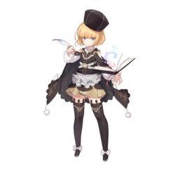  absurdres artist_request blonde_hair blue_eyes book dress female full_body gigi_(illusion_connect) hand_up hat highres holding holding_quill illusion_connect official_art pom_pom_(clothes) quill short_hair simple_background solo thighhighs third-party_source transparent_background 