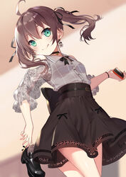  ahoge akanebi belt black_ribbon brown_skirt cellphone commentary drop_earrings earrings female floral_print flower_earrings green_eyes hair_ribbon high-waist_skirt highres holding holding_phone holding_shoes hololive jewelry licking_lips long_hair looking_at_viewer natsuiro_matsuri natsuiro_matsuri_(casual) phone ribbon see-through shoes skirt smartphone solo spread_legs tongue tongue_out twintails virtual_youtuber 