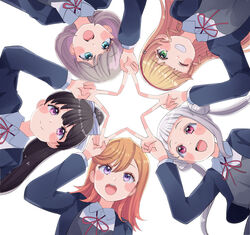  5girls arashi_chisato bad_id bad_twitter_id black_hair blonde_hair blue_eyes blue_jacket blush bow circle_formation closed_mouth commentary_request cream_(nipakupa) green_eyes grin hazuki_ren heanna_sumire jacket light_brown_hair long_hair long_sleeves love_live! love_live!_superstar!! multiple_girls open_clothes open_jacket open_mouth orange_hair ponytail purple_eyes red_eyes school_uniform shibuya_kanon shirt short_hair smile star_hands tang_keke v white_bow white_hair white_shirt wing_collar yuigaoka_school_uniform 