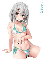  adapted_costume aqua_bikini ass_visible_through_thighs bare_shoulders bikini blush breasts collarbone commentary cropped_legs ebifurya female furrowed_brow grey_eyes grey_hair groin hair_between_eyes hair_ornament highres i-201_(kancolle) kantai_collection long_hair looking_at_viewer mole mole_on_stomach navel one-hour_drawing_challenge side-tie_bikini_bottom simple_background small_breasts smile string_bikini swimsuit thighs twitter_username two-tone_bikini white_background white_bikini x_hair_ornament 