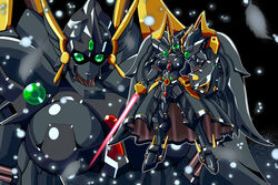  absurdres alternate_color angelg breasts energy_sword green_eyes highres holding holding_sword holding_weapon large_breasts looking_at_viewer mecha mechanical_skirt mechanical_wings meganeon multiple_views no_humans parted_lips robot shield standing super_robot_wars super_robot_wars_original_generation sword weapon wings 