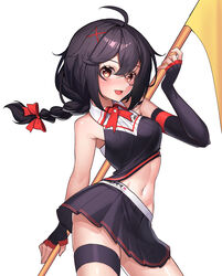  :d absurdres ahoge armpits asymmetrical_gloves black_gloves black_hair black_shirt black_skirt bow braid braided_ponytail brown_eyes collared_shirt commentary djmax djmax_respect elbow_gloves english_commentary female fingerless_gloves flag flagpole gloves hair_ornament highres holding holding_flag iznal jisoo_(djmax) long_hair navel pleated_skirt red_bow red_ribbon ribbon shirt skirt sleeveless sleeveless_shirt smile solo swept_bangs thigh_strap uneven_gloves 