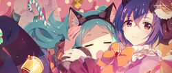  2girls animal_ear_fluff animal_ears apron aqua_hair bandaged_leg bandages black_horns blue_hair bow bowtie broken_horn brooch candy candy_cane closed_eyes commentary_request cookie crossed_bangs crown fake_animal_ears food frilled_apron frills hair_between_eyes hairband hand_on_another&#039;s_head highres horns jewelry long_hair mini_crown miyako_(halloween)_(princess_connect!) miyako_(princess_connect!) mole mole_under_eye multiple_girls oerba_yun_fang open_mouth orange_bow princess_connect! purple_hair red_eyes shade shinobu_(halloween)_(princess_connect!) shinobu_(princess_connect!) short_hair tilted_headwear wolf_ears yuuki_tatsuya 