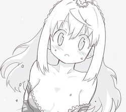  blush breasts crown female greyscale highres jeanne_flamel long_hair looking_at_viewer mahou_shoujo_madoka_magica mahou_shoujo_tart_magica medium_breasts monochrome open_mouth simple_background solo sonohi210 sweat unzipped wardrobe_malfunction white_background 