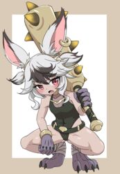  animal_ears ass_visible_through_thighs bandages belt black_leotard blush bracelet character_request claws club_(weapon) female grey_hair highres huge_weapon jewelry keven_(ewdx3754) leotard looking_at_viewer md5_mismatch monster_girl oerba_yun_fang open_mouth rabbit_ears red_eyes ring short_hair solo spiked_club spread_legs squatting thighs tower_of_saviors two_side_up weapon 